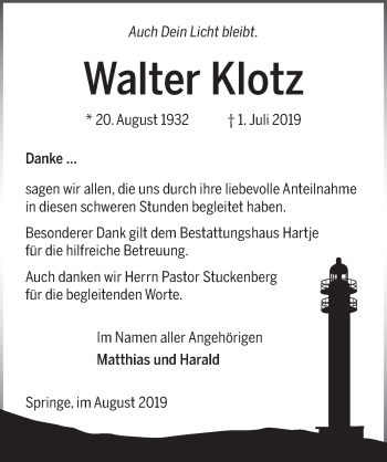 Traueranzeige von Walter Klotz von Neue Deister-Zeitung