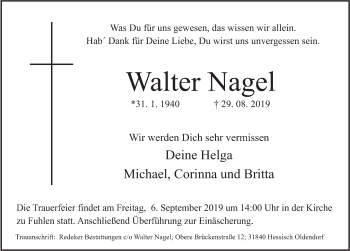Traueranzeige von Walter Nagel von Deister- und Weserzeitung