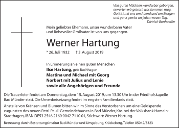 Traueranzeige von Werner Hartung von Neue Deister-Zeitung