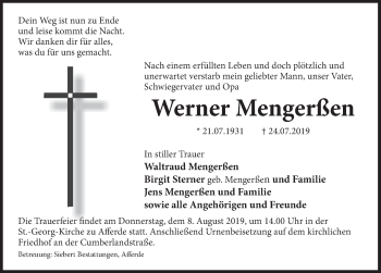 Traueranzeige von Werner Mengerßen von Deister- und Weserzeitung