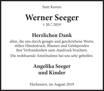 Traueranzeige von Werner Seeger von Deister- und Weserzeitung