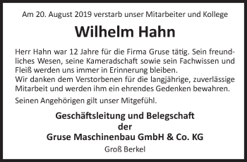Traueranzeige von Wilhelm Hahn von Deister- und Weserzeitung