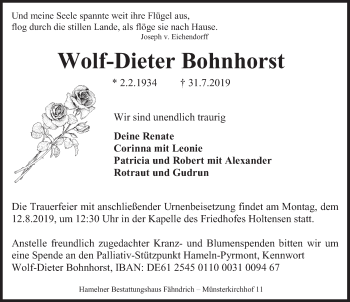 Traueranzeige von Wolf-Dieter Bohnhorst von Deister- und Weserzeitung