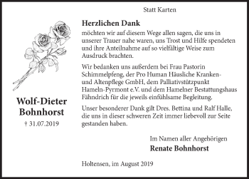 Traueranzeige von Wolf-Dieter Bohnhorst von Deister- und Weserzeitung