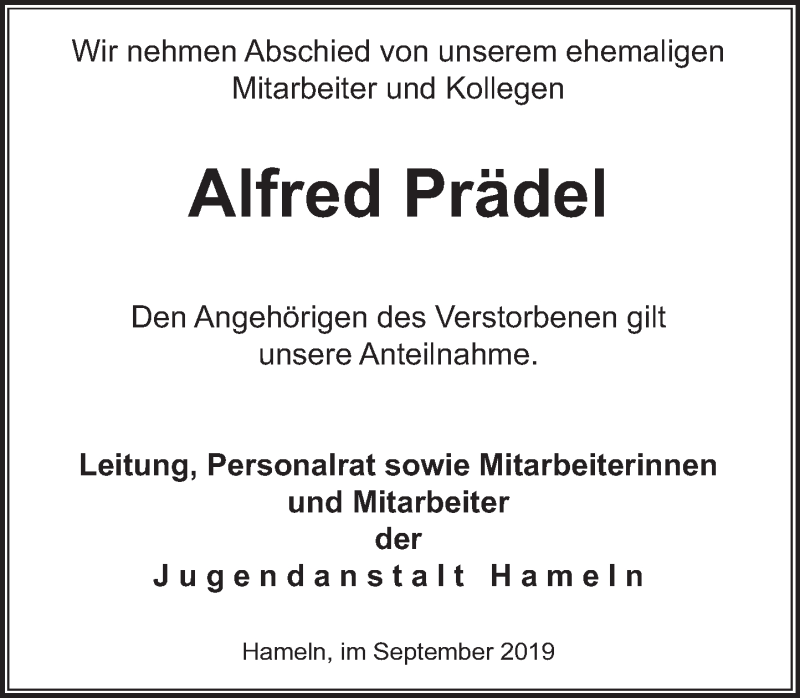  Traueranzeige für Alfred Prädel vom 28.09.2019 aus Deister- und Weserzeitung