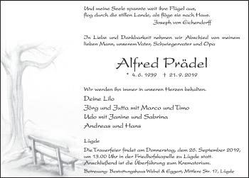 Traueranzeige von Alfred Prädel von Deister- und Weserzeitung