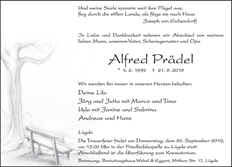 Traueranzeige für Alfred Prädel vom 25.09.2019 aus Deister- und Weserzeitung
