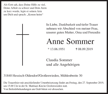 Traueranzeige von Anne Sommer von Deister- und Weserzeitung