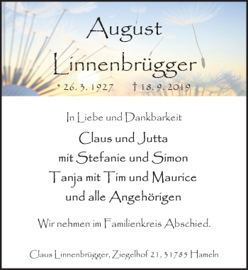 Traueranzeige von August Linnenbrügger von Deister- und Weserzeitung