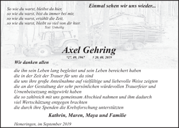 Traueranzeige von Axel Gehring von Deister- und Weserzeitung