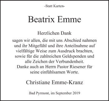 Traueranzeige von Beatrix Emme von Deister- und Weserzeitung