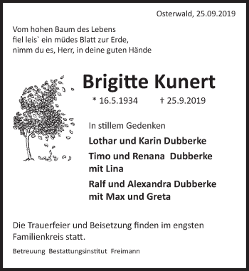 Traueranzeige von Brigitte Kunert von Deister- und Weserzeitung
