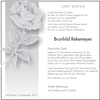 Traueranzeige von Brunhild Rekemeyer von Deister- und Weserzeitung