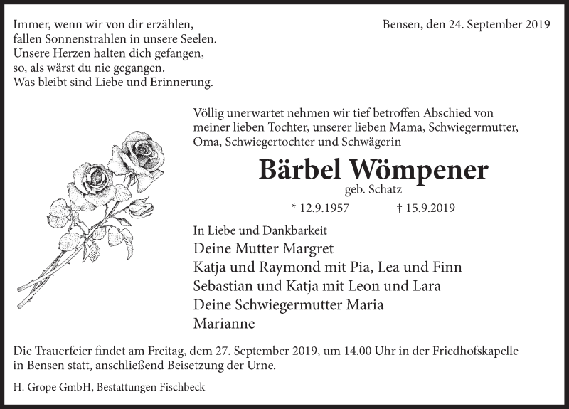  Traueranzeige für Bärbel Wömpener vom 24.09.2019 aus Deister- und Weserzeitung
