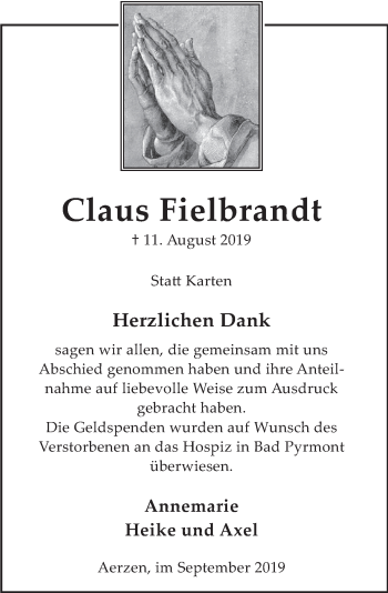Traueranzeige von Claus Fielbrandt von Deister- und Weserzeitung