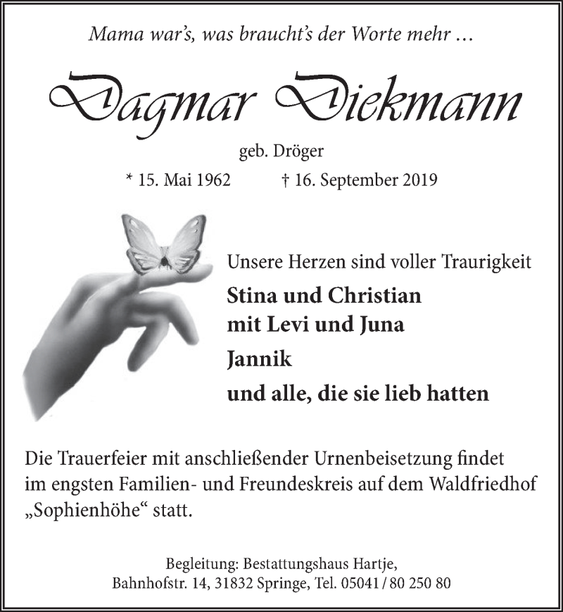  Traueranzeige für Dagmar Diekmann vom 21.09.2019 aus Neue Deister-Zeitung