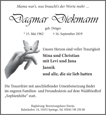 Traueranzeige von Dagmar Diekmann von Neue Deister-Zeitung