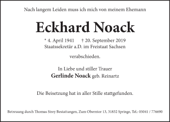 Traueranzeige von Eckhard Noack von Neue Deister-Zeitung