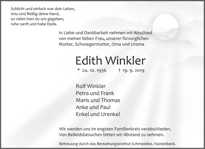  Traueranzeige für Edith Winkler vom 28.09.2019 aus Deister- und Weserzeitung