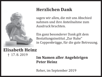 Traueranzeige von Elisabeth Heinz von Deister- und Weserzeitung