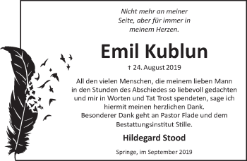 Traueranzeige von Emil Kublun von Neue Deister-Zeitung