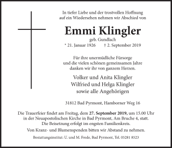 Traueranzeige von Emmi Klingler von Deister- und Weserzeitung