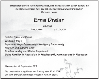 Traueranzeige von Erna Dreier von Deister- und Weserzeitung