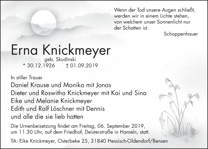  Traueranzeige für Erna Knickmeyer vom 05.09.2019 aus Deister- und Weserzeitung