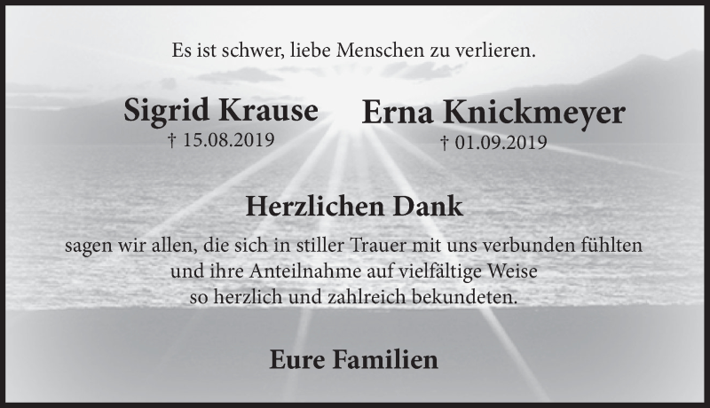  Traueranzeige für Erna Knickmeyer vom 21.09.2019 aus Deister- und Weserzeitung