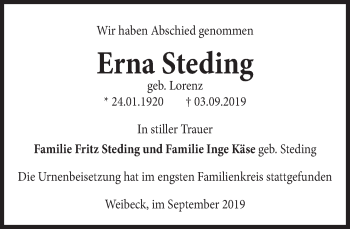 Traueranzeige von Erna Steding von Deister- und Weserzeitung