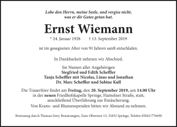 Traueranzeige von Ernst Wiemann von Neue Deister-Zeitung