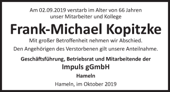 Traueranzeige von Frank-Michael Kopitzke von Deister- und Weserzeitung