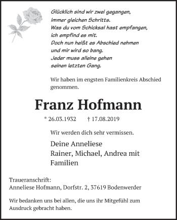 Traueranzeige von Franz Hofmann von Deister- und Weserzeitung