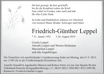 Traueranzeige von Friedrich-Günther Leppel von Deister- und Weserzeitung
