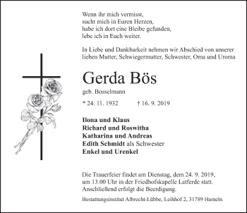 Traueranzeige von Gerda Bös von Deister- und Weserzeitung
