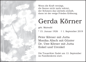 Traueranzeige von Gerda Körner von Deister- und Weserzeitung