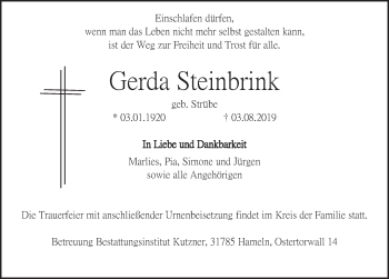 Traueranzeige von Gerda Steinbrink von Deister- und Weserzeitung