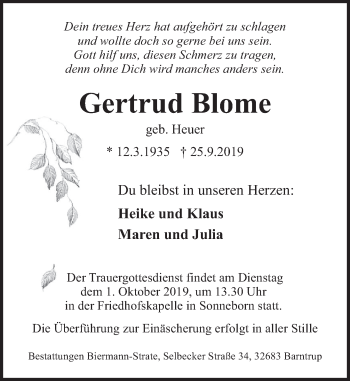 Traueranzeige von Gertrud Blome von Deister- und Weserzeitung