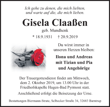 Traueranzeige von Gisela Claaßen von Deister- und Weserzeitung