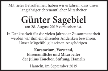 Traueranzeige von Günter Sagebiel von Deister- und Weserzeitung