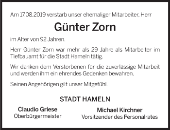 Traueranzeige von Günter Zorn von Deister- und Weserzeitung