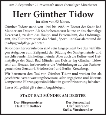 Traueranzeige von Günther Tidow von Neue Deister-Zeitung