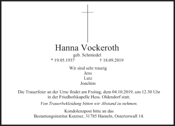 Traueranzeige von Hanna Vockeroth von Deister- und Weserzeitung