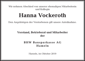 Traueranzeige von Hanna Vockeroth von Deister- und Weserzeitung