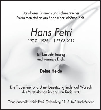 Traueranzeige von Hans Petri von Deister- und Weserzeitung