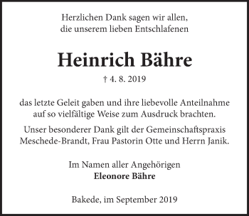 Traueranzeige von Heinrich Bähre von Neue Deister-Zeitung