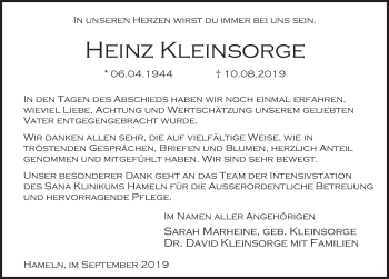 Traueranzeige von Heinz Kleinsorge von Deister- und Weserzeitung