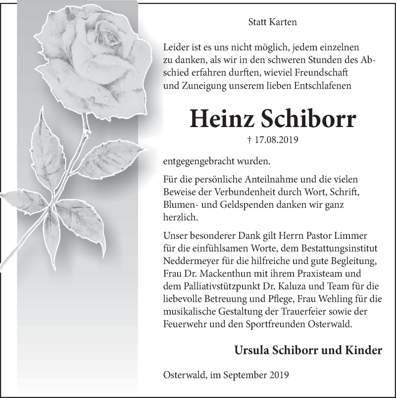  Traueranzeige für Heinz Schiborr vom 28.09.2019 aus Deister- und Weserzeitung
