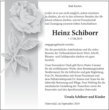 Traueranzeige von Heinz Schiborr von Deister- und Weserzeitung