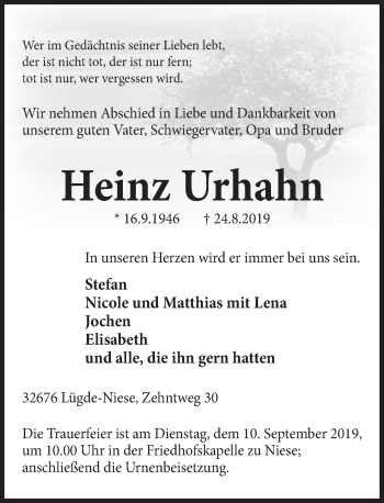 Traueranzeige von Heinz Urhahn von Deister- und Weserzeitung